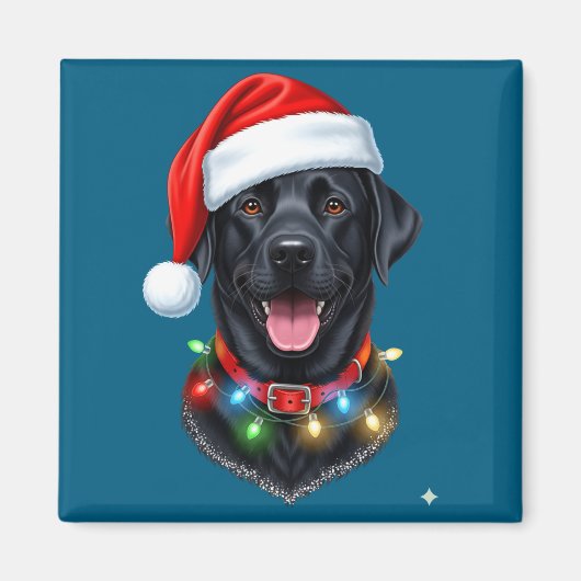 Black Lab Labrador Christmas Dog Santa Hat Light P マグネット (正面)