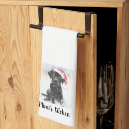 Black Lab Puppyサンタハットを着て、カスタム文字 キッチンタオル