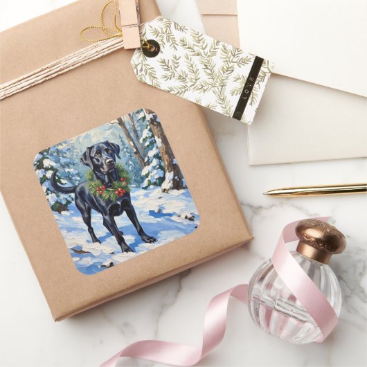 Black Lab Serene Winter Forest Christmas Holiday スクエアシール (ギフト)