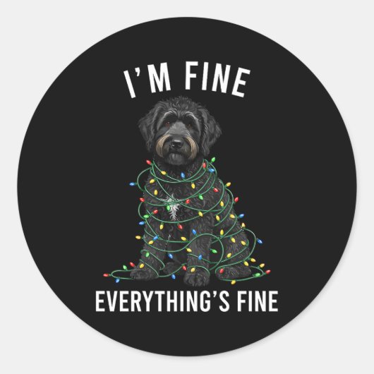 Black Labradoodle Christmas I'm Fine Everything Is ラウンドシール (正面)