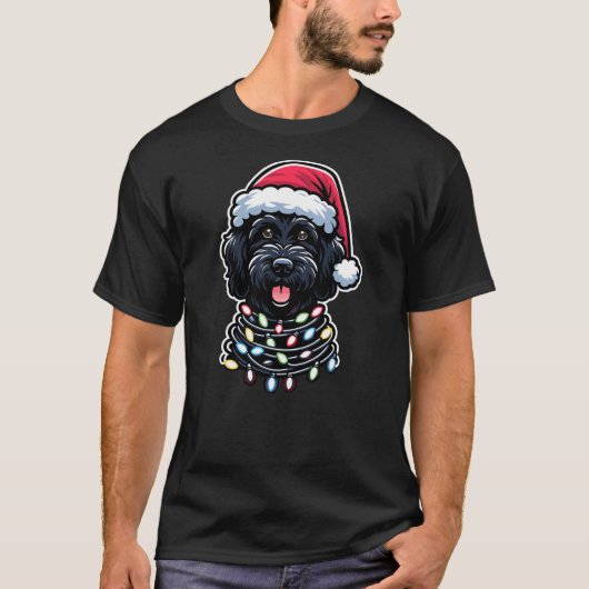 Black Labradoodle Christmas Tree Lights Black Dood Tシャツ (正面)