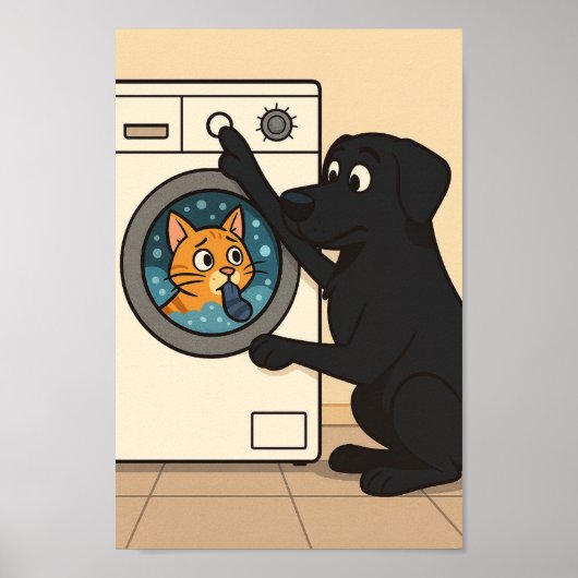 Black Labrador and Cat Laundry Room Humor Poster  ポスター (正面)