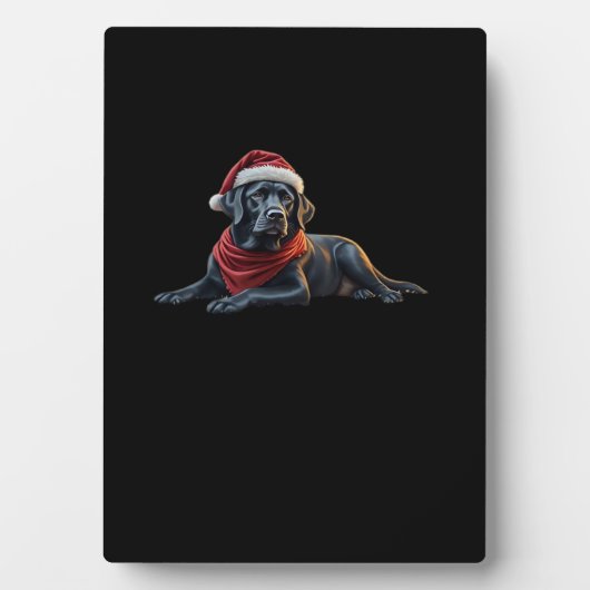 Black Labrador at Christmas in Santa Hat and Scarf フォトプラーク (正面)