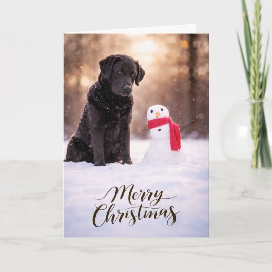 Black Labrador Christmas Snowman Card シーズンカード (正面)