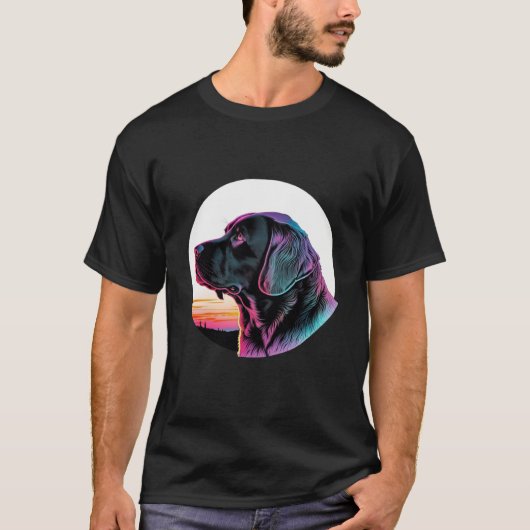 Black Labrador in a Dreamy 80s Retrowave Aesthetic Tシャツ (正面)