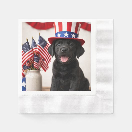Black Labrador Puppy Patriotic Paper Napkins | 縁ありカクテルナプキン (正面)