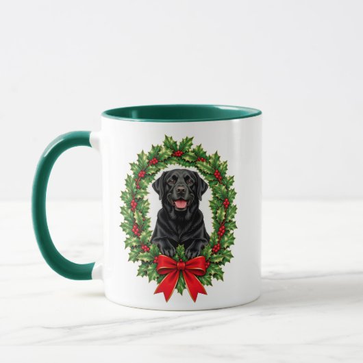 Black Labrador Retriever Christmas Holly Wreath マグカップ (左)