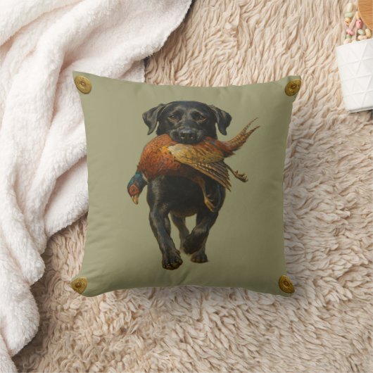 Black Labrador Retriever & Pheasant throw cushion クッション (ブランケット)