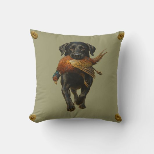 Black Labrador Retriever & Pheasant throw cushion クッション (正面)
