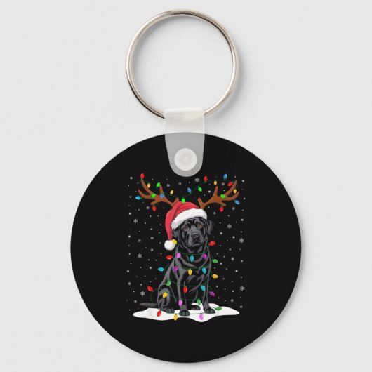 Black Labrador Santa Hat Reindeer Tree Lights Chri キーホルダー (正面)