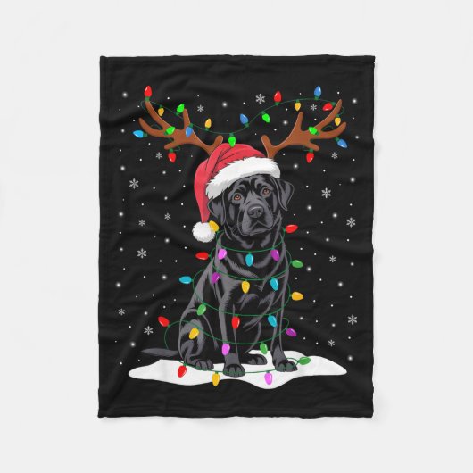 Black Labrador Santa Hat Reindeer Tree Lights Chri フリースブランケット (正面)