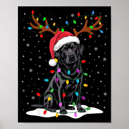 Black Labrador Santa Hat Reindeer Tree Lights Chri ポスター (正面)