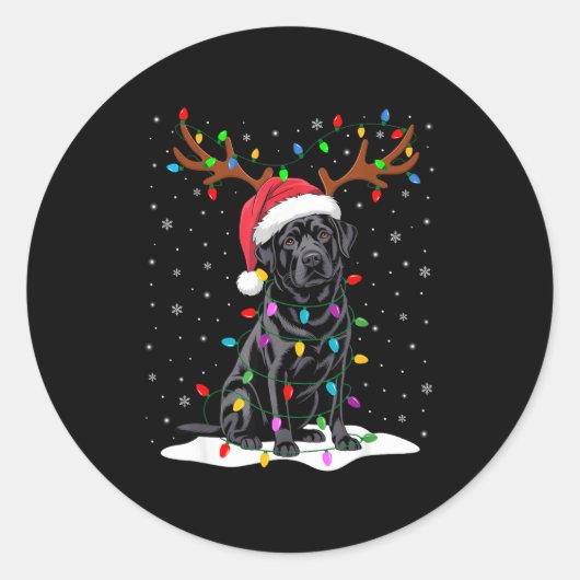 Black Labrador Santa Hat Reindeer Tree Lights Chri ラウンドシール (正面)