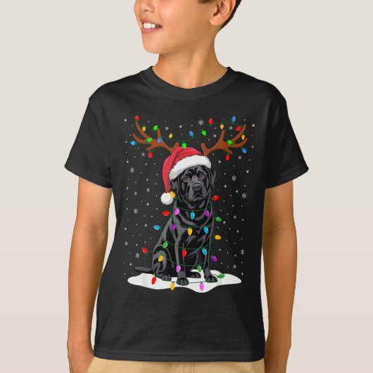 Black Labrador Santa Hat Reindeer Tree Lights Chri Tシャツ (正面)