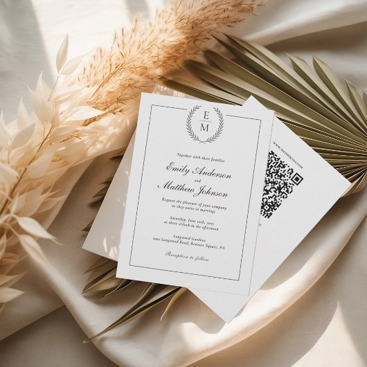 Black Laurel Monogram Wedding Invitation QR Code 招待状