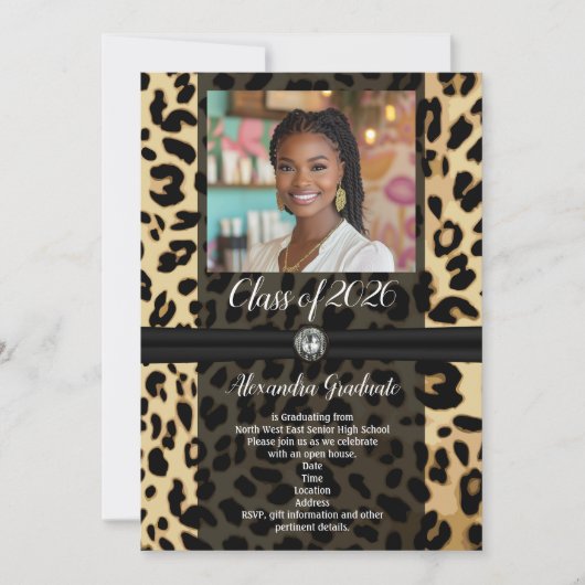 Black Leopardアニマルプリント写真2019卒業 招待状 (正面)