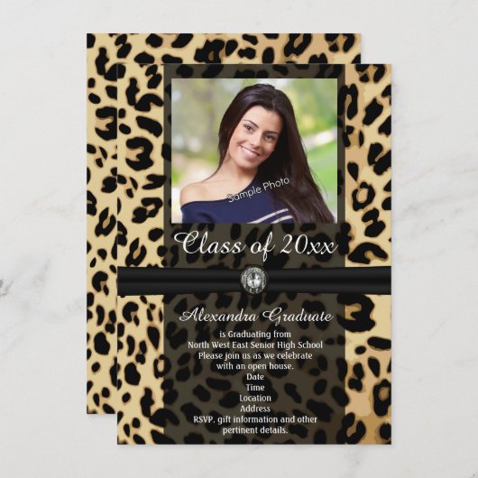 Black Leopardリボン写真卒業 招待状 (正面/裏面)