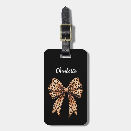 Black leopard print bow nameスクリプト ラゲッジタグ (正面縦)