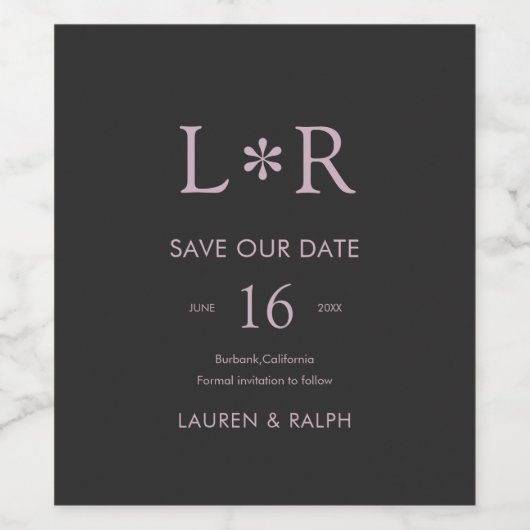 Black & Lilac | Stylish Wedding Save the Date ワインラベル (シングルラベル)
