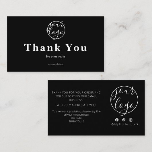 Black Logo Thank You Card Small Business 名刺 (正面/裏面)