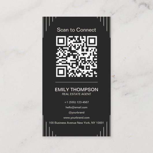 Black Luxury Art Deco QR Code Minimal Design 名刺 (裏面)
