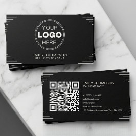 Black Luxury Art Deco QR Code Minimal Design 名刺
