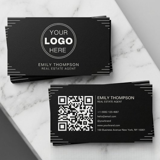 Black Luxury Art Deco QR Code Minimal Design 名刺