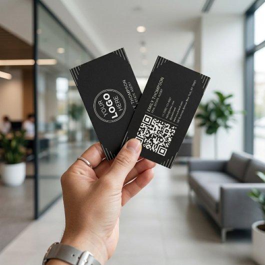 Black Luxury Art Deco QR Code Minimal Design 名刺