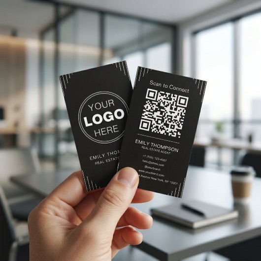 Black Luxury Art Deco QR Code Minimal Design 名刺