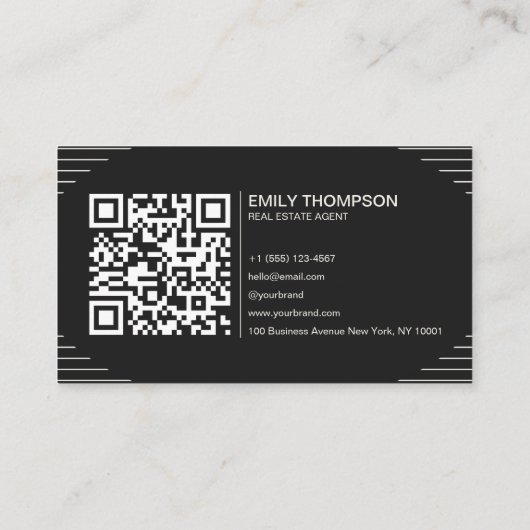 Black Luxury Art Deco QR Code Minimal Design 名刺 (裏面)