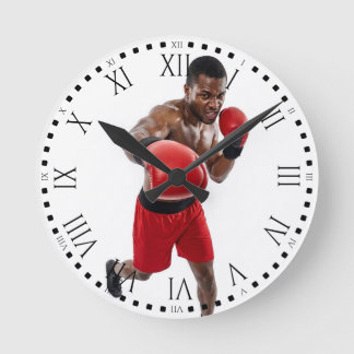 Black Male Boxer Punching Gym Decor ラウンド壁時計