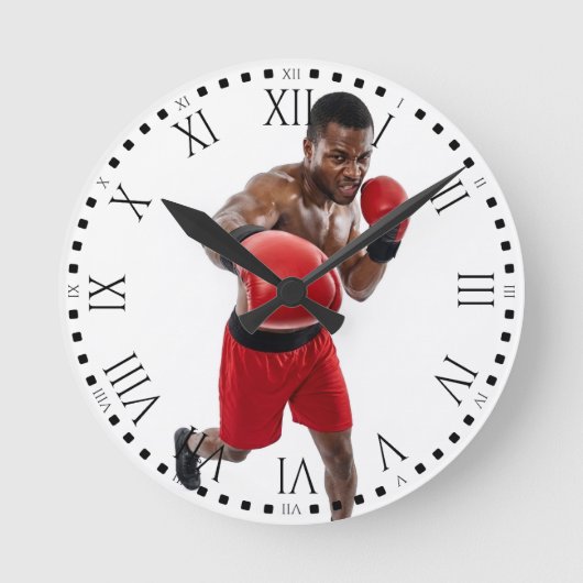 Black Male Boxer Punching Gym Decor ラウンド壁時計 (正面)