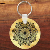 Black Mandala on Soft Gold Background Keychain キーホルダー (正面)