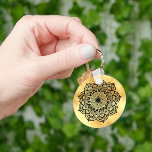 Black Mandala on Soft Gold Background Keychain キーホルダー (手)