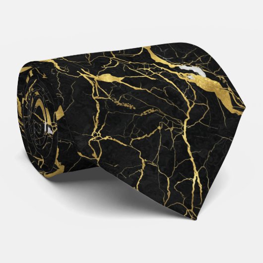 Black Marble and Gold Veins Elegant Pattern ネクタイ (ロール)