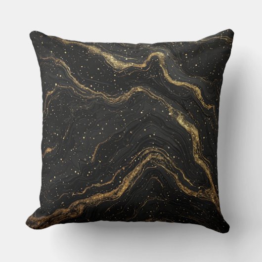 Black Marble Gold Veins Luxury Abstract クッション (正面)