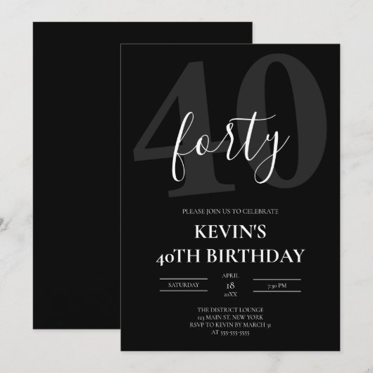 Black Masculine 40th Milestone Birthday 招待状 (正面/裏面)