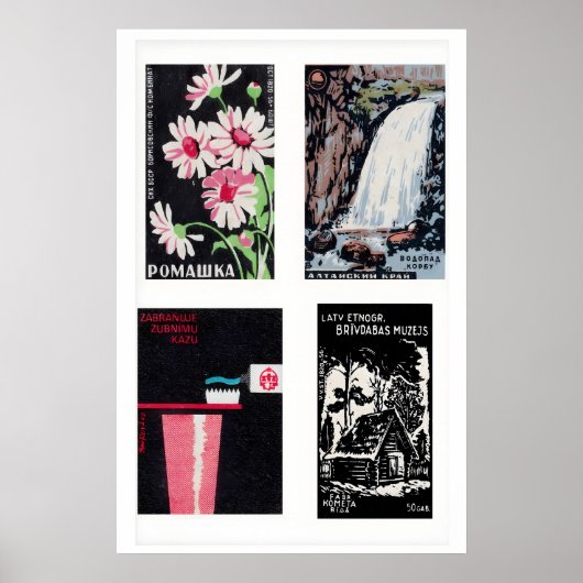 Black Matchbox Labels Grid Print, Vintage Ephemera ポスター (正面)