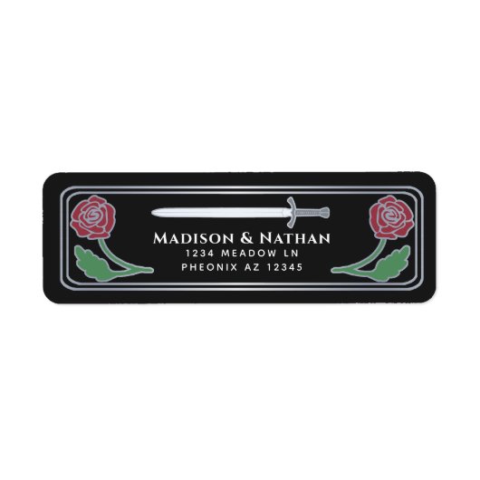 Black Medieval Fantasy Silver Sword Wedding Label ラベル (正面)