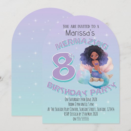 Black Mermaid Age Birthday Party Invitation 招待状 (正面/裏面)
