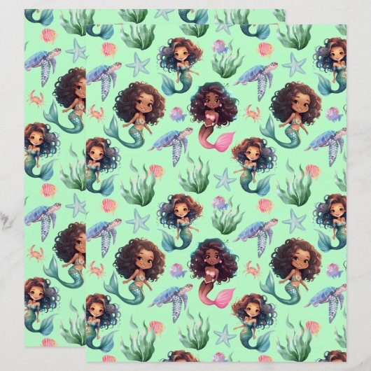 Black Mermaid Scrapbook Paper in Green (正面/裏面)