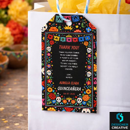 Black Mexican Fiesta Floral Gold Tiara Quinceañera ギフトタグ