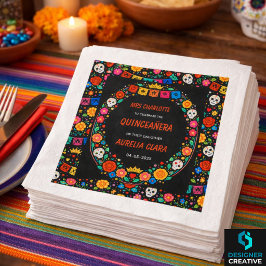 Black Mexican Fiesta Floral Gold Tiara Quinceañera スタンダードカクテルナプキン