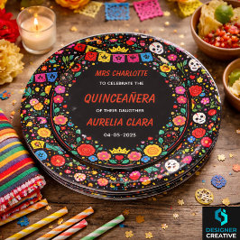 Black Mexican Fiesta Floral Gold Tiara Quinceañera ペーパープレート