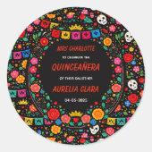 Black Mexican Fiesta Floral Gold Tiara Quinceañera ラウンドシール (正面)