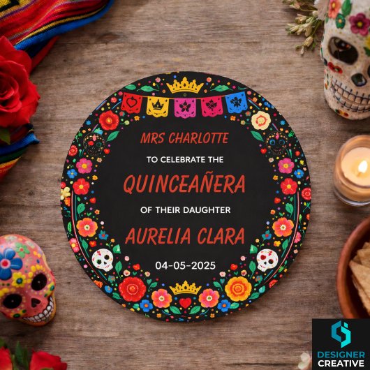 Black Mexican Fiesta Floral Gold Tiara Quinceañera ラウンドシール