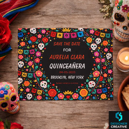 Black Mexican Fiesta Floral Gold Tiara Quinceañera 案内ポストカード