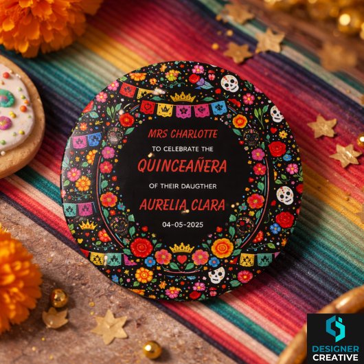 Black Mexican Fiesta Floral Gold Tiara Quinceañera 缶バッジ