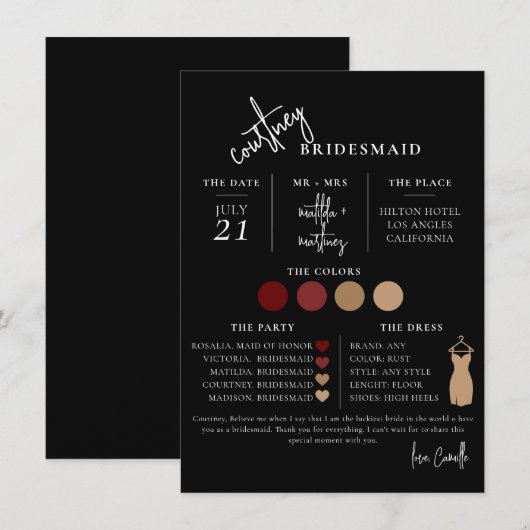Black Minimal Script Bridesmaid info Template Card 招待状 (正面/裏面)