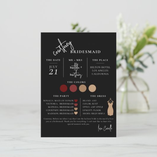 Black Minimal Script Bridesmaid info Template Card 招待状 (スタンド正面)